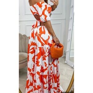 XXL Orange Floral Print Two-Piece Maxi Dress Off Shoulder Bohemian Chic